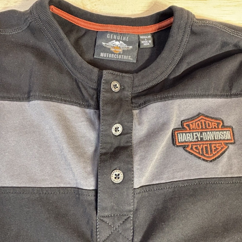 Harley Davidson Black Gray Motorclothes Henley Short Sleeve Shirt Sz Mens Large